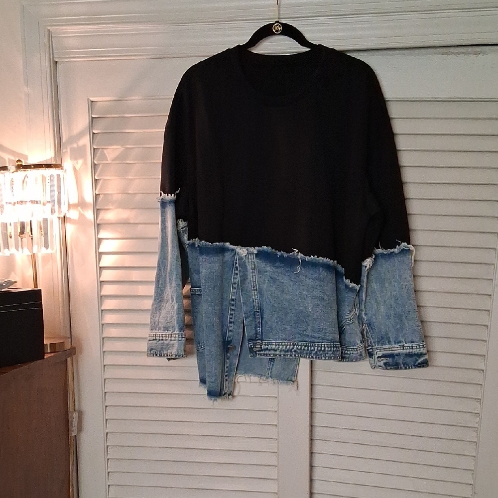 No Brand - Black & Light Blue Denim Patchwork Sweatshirt Hoodie